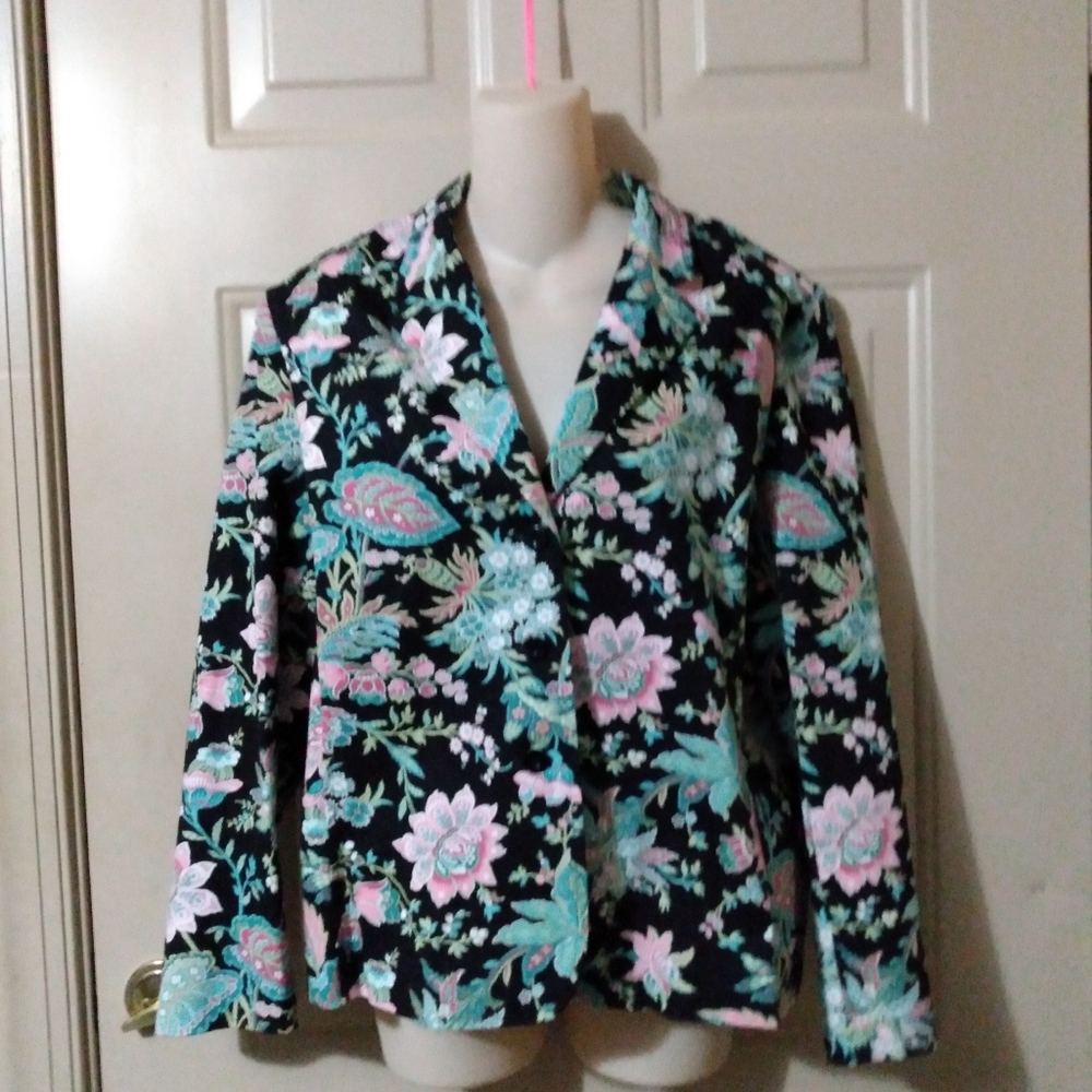 C Vtg Palm Beach Cotton Black Floral Blazer Coastal Grandma Mobwife